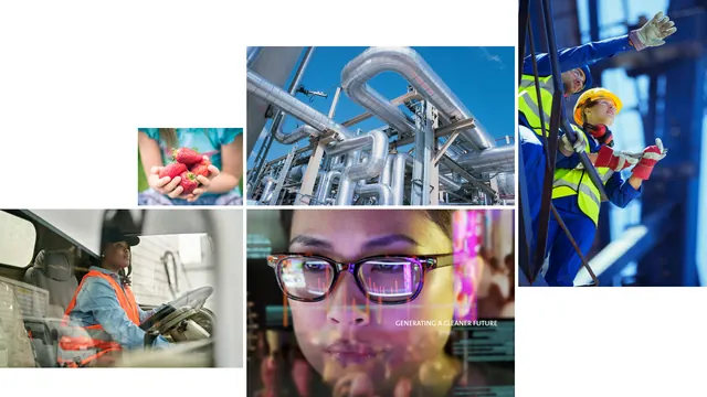 Photo collage spread, generating a cleaner future, photographic, corporate-clean, vibrant