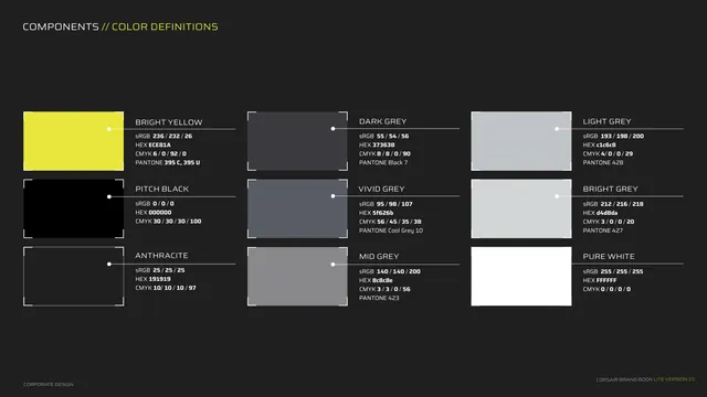 Color definitions, hex and Pantone, dark-mode, technical, dark