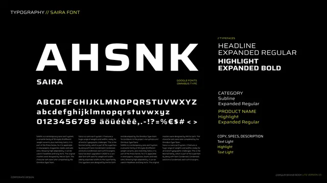 Saira font specimen and roles