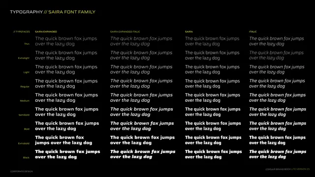 Saira font family weights and widths, dark-mode, technical, dark