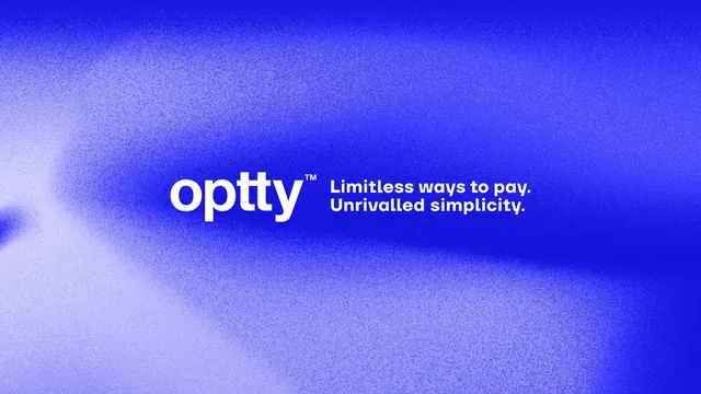 Tagline lockup on grainy blue field, minimal, gradient-heavy, vibrant