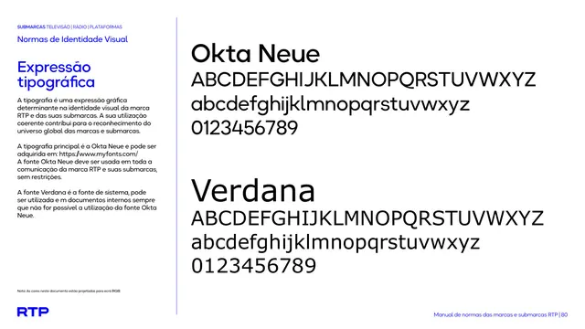 RTP typographic specimen (Okta Neue and Verdana)