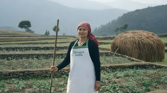 Shunya India brand photography - farmer portrait in Himalayan terrace fields
