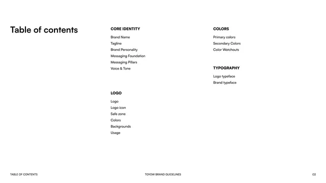 Toyow table of contents