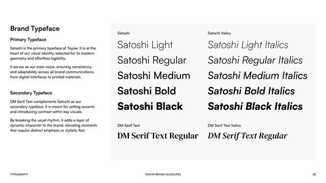 Toyow brand typeface (Satoshi and DM Serif Text)