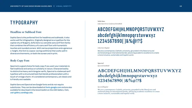 Typography, Sophia Sans and Spectral, corporate-clean, editorial, light