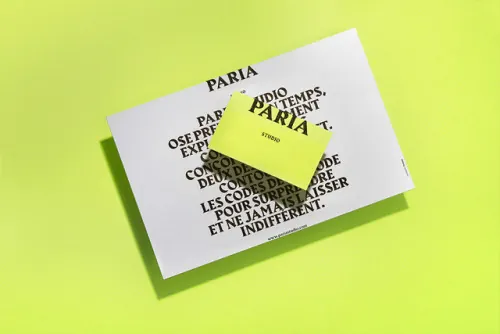 PARIA Studio stationery on lime green, swiss, minimal, vibrant