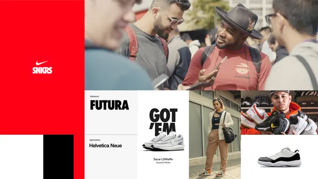 Nike SNKRS brand identity collage, corporate-clean, editorial, vibrant