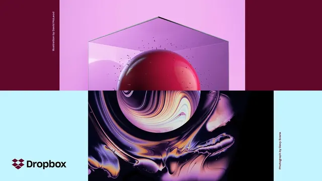 Dropbox split illustration and photo identity, minimal, 3d-render, vibrant