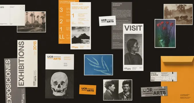 UCR ARTS identity flat lay, minimal, editorial, dark
