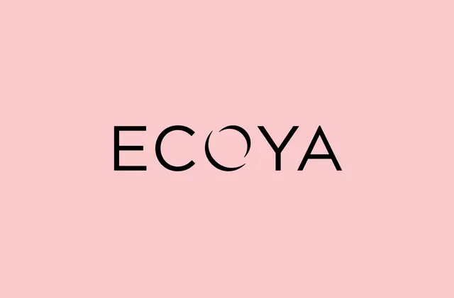 ECOYA wordmark on pink, minimal, flat, pastel