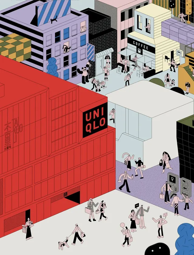 Isometric city street illustration, flat, illustrated, muted