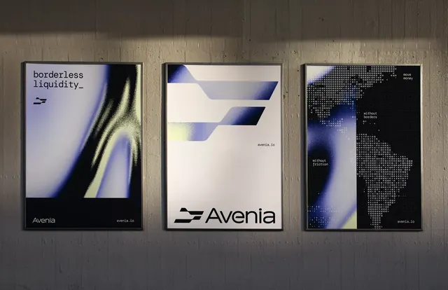 Avenia fintech poster trio brand mockup, minimal, abstract, light