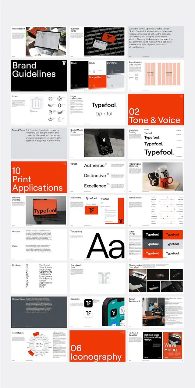 Typefool brand guidelines page grid, corporate-clean, swiss, high-contrast