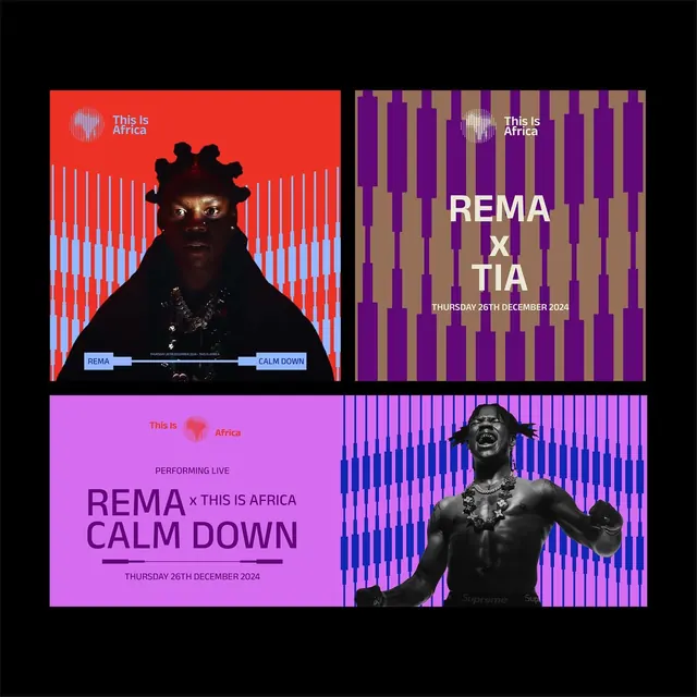 This Is Africa x Rema event poster set with barcode pattern, maximalist, geometric, vibrant
