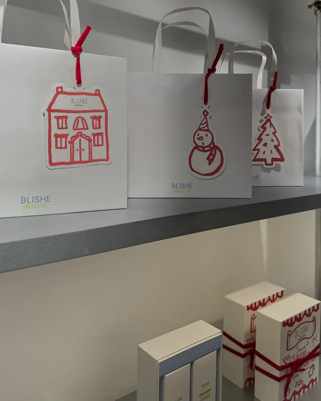 Blishe dawn holiday gift bags with red line-art ornament tags, minimal, line-art, light