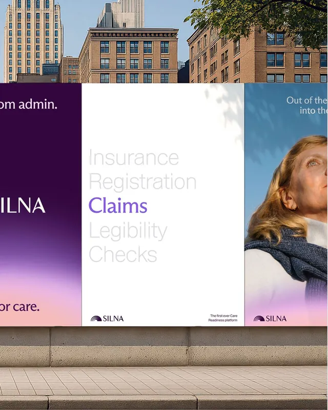 Silna out-of-home billboard triptych in purple gradient, corporate-clean, minimal, light