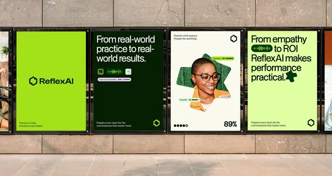 ReflexAI poster campaign in lime and forest green, corporate-clean, minimal, high-contrast