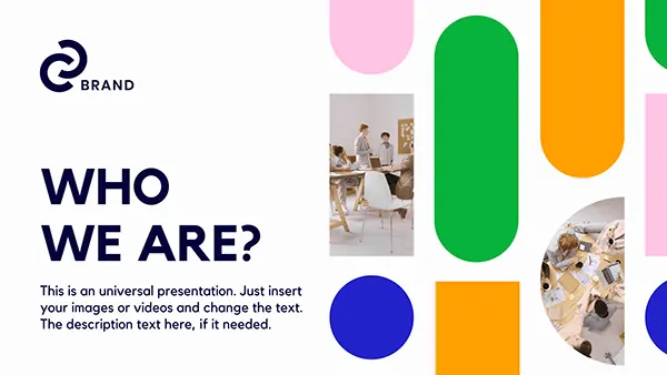 Who We Are presentation slide with primary-color pill grid, minimal, geometric, light