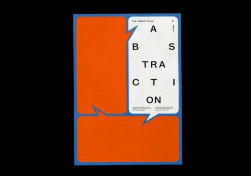 Abstraction talk poster with speech-bubble blocks, swiss, minimal, vibrant