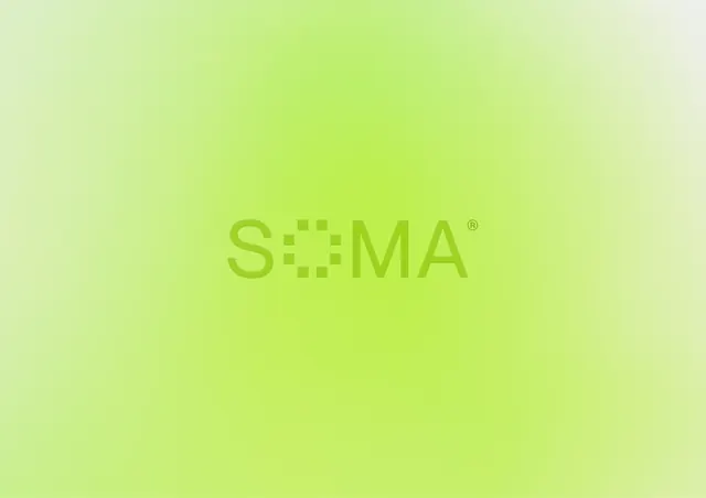 SOMA tonal wordmark on lime gradient, minimal, corporate-clean, pastel