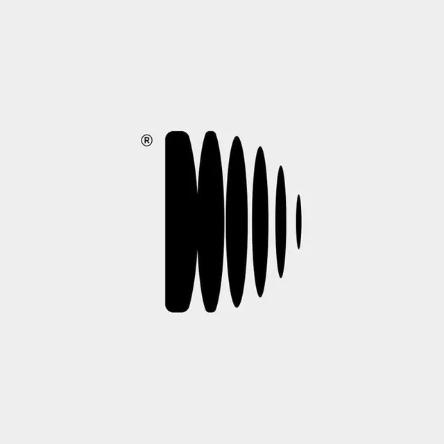 Black M logomark built from receding ellipses, minimal, abstract, dark