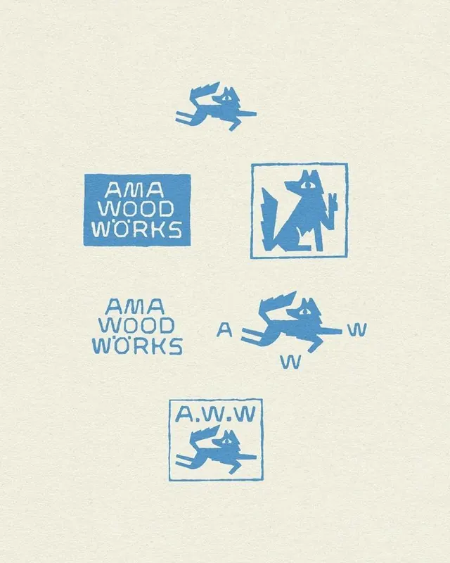 AMA Wood Works wolf logo suite, retro, line-art, light