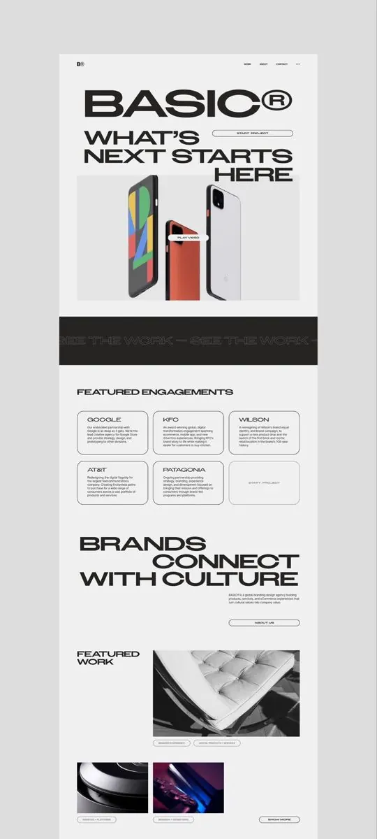 BASIC agency homepage with oversized condensed headlines, minimal, editorial, light
