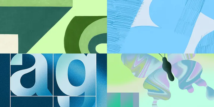 Four-panel green and blue texture grid, abstract, geometric, vibrant