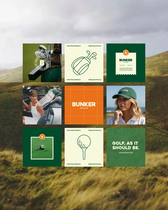Bunker Golf Club brand grid, corporate-clean, minimal, earthy