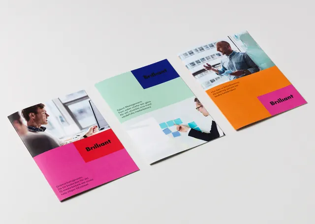 Color-block brochure stationery flat-lay, corporate-clean, minimal, vibrant