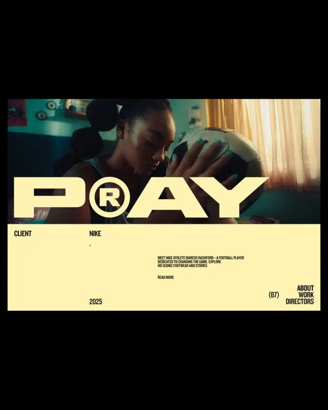 PRAY case-study layout with butter-yellow type and credit block, editorial, minimal, dark