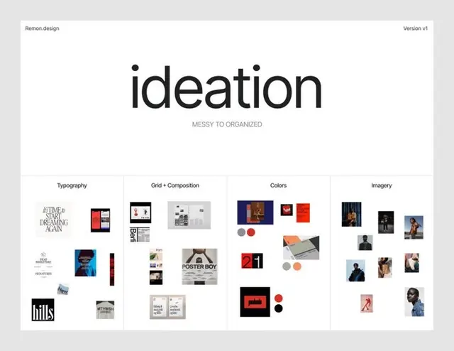 Ideation moodboard, four labeled columns under a giant title, minimal, editorial, light