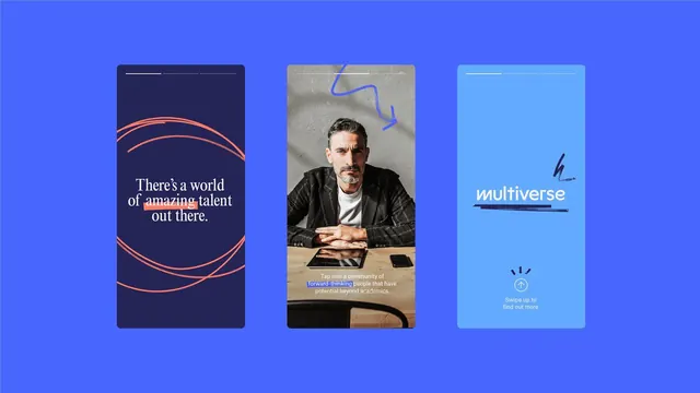 Multiverse story-screen brand mockup, corporate-clean, minimal, vibrant