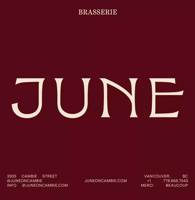 JUNE brasserie wordmark on maroon with contact grid, editorial, minimal, dark