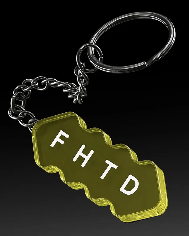 FHTD wavy translucent keychain mockup, 3d-render, minimal, dark