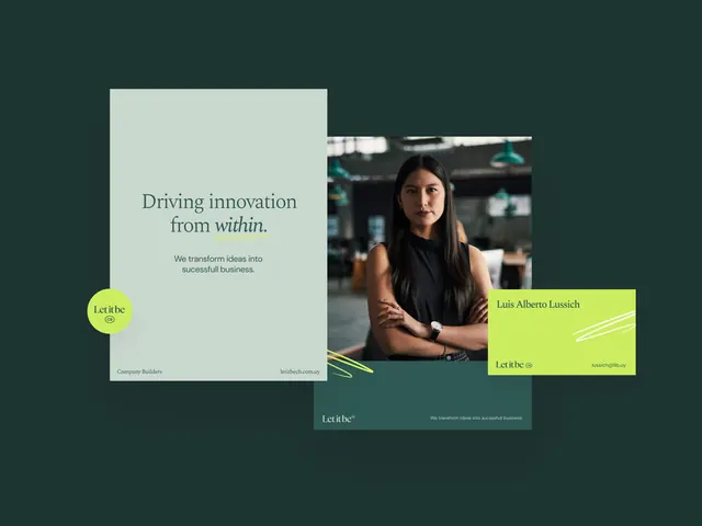 Letitbe brand collage with forest green and lime accents, minimal, corporate-clean, dark
