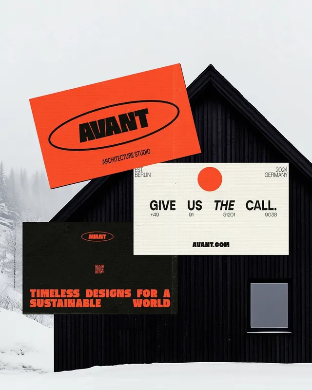 AVANT architecture studio stationery on snowscape, editorial, brutalist, dark