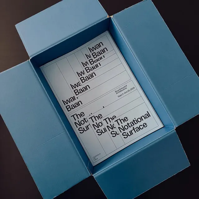 Rice Architecture exhibition poster in open box, minimal, editorial, cool