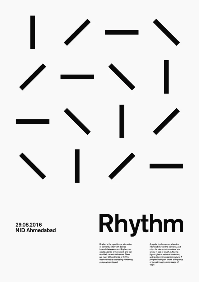 Rhythm poster of scattered black dashes on white, swiss, minimal, monochrome