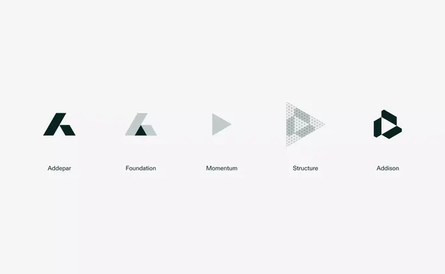 Five-stage geometric logo evolution row, minimal, geometric, light