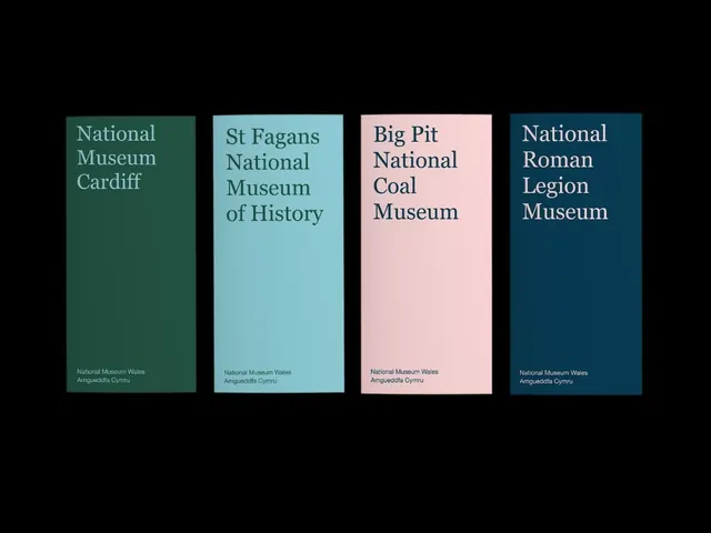 National Museum Wales color-blocked brochure covers, minimal, editorial, muted