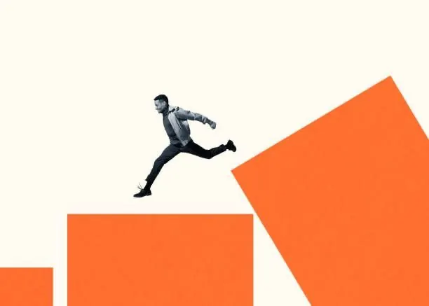 Man leaping up orange step blocks collage, minimal, geometric, light