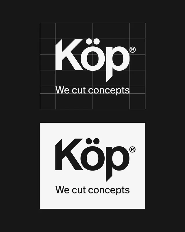 Köp wordmark construction grid and inversion, minimal, corporate-clean, dark