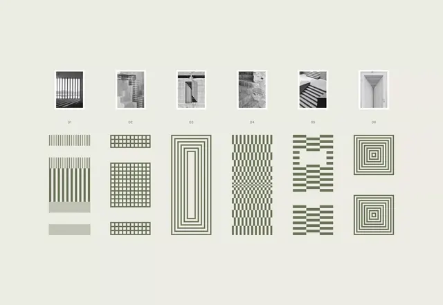 Architecture-to-pattern study grid in sage, minimal, swiss, light