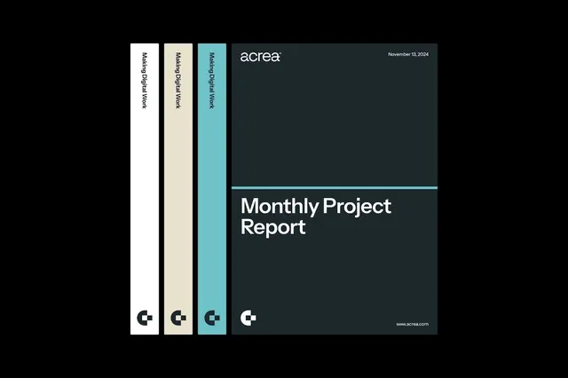 Acrea report cover with three spine swatches, minimal, corporate-clean, dark