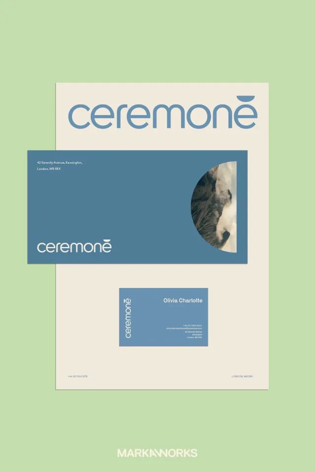 Ceremone muted blue stationery system, minimal, corporate-clean, muted