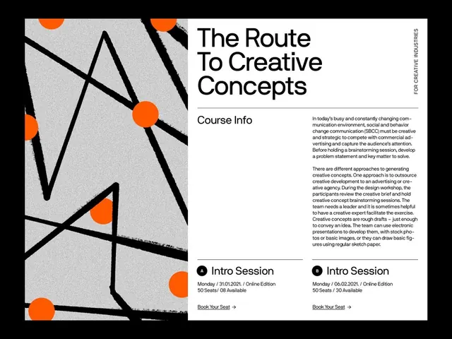 Creative course promo with ink-stroke graphic and orange dots, editorial, minimal, light