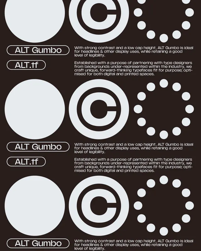 ALT.tf foundry specimen with copyright marks and dot rings, minimal, geometric, dark