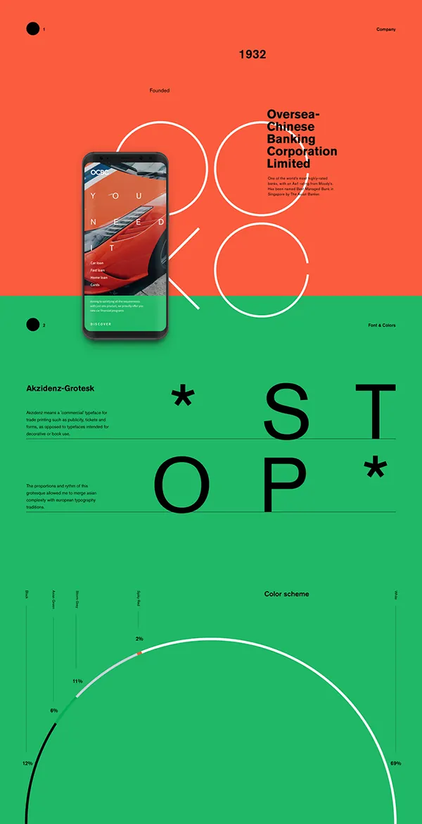 OCBC brand style sheet in coral and lime with STOP type, minimal, swiss, vibrant